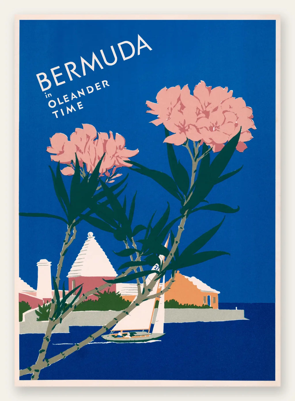 Affiche Bermudes vintage, fleurs d'oleander roses devant un voilier et la mer bleue