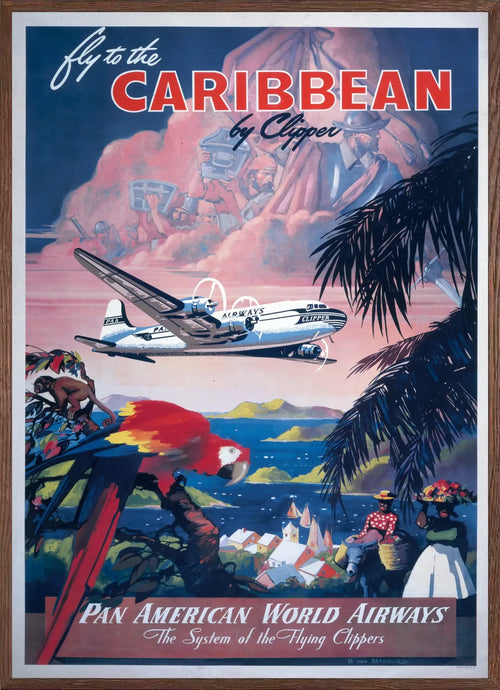 Cadre chene clair entourant l'affiche Caraibes Clipper vintage