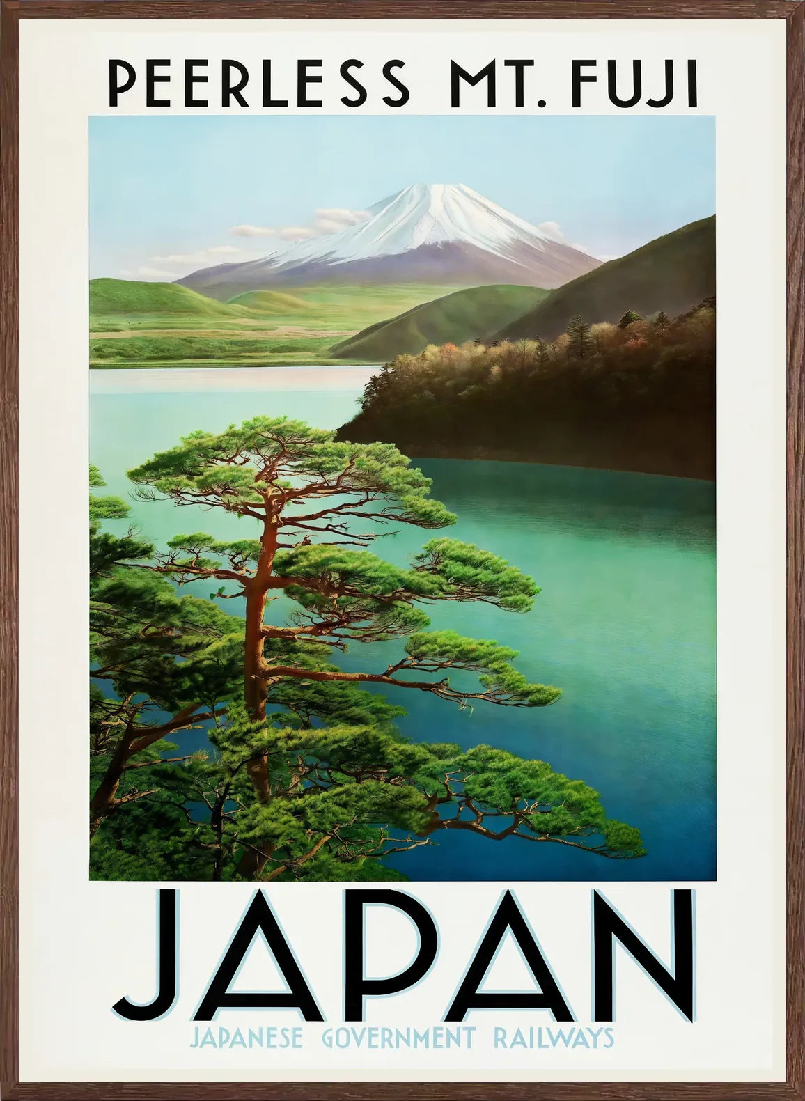 Cadre chene clair entourant l'affiche mont Fuji voyage vintage