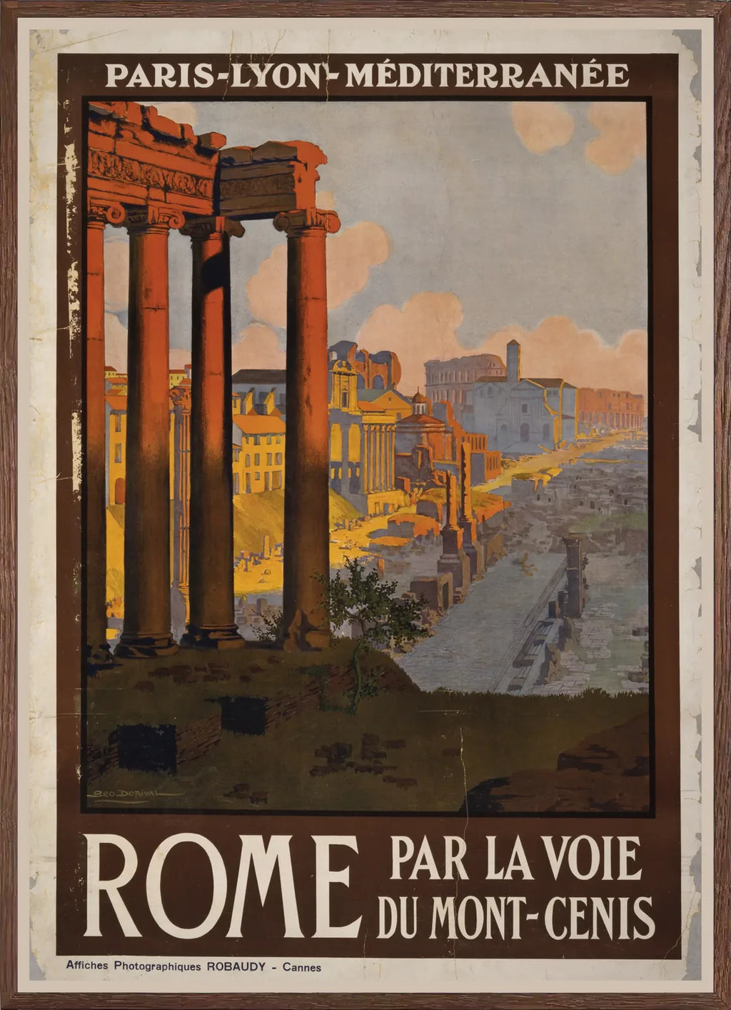 Cadre chene clair entourant l'affiche Rome Forum PLM vintage