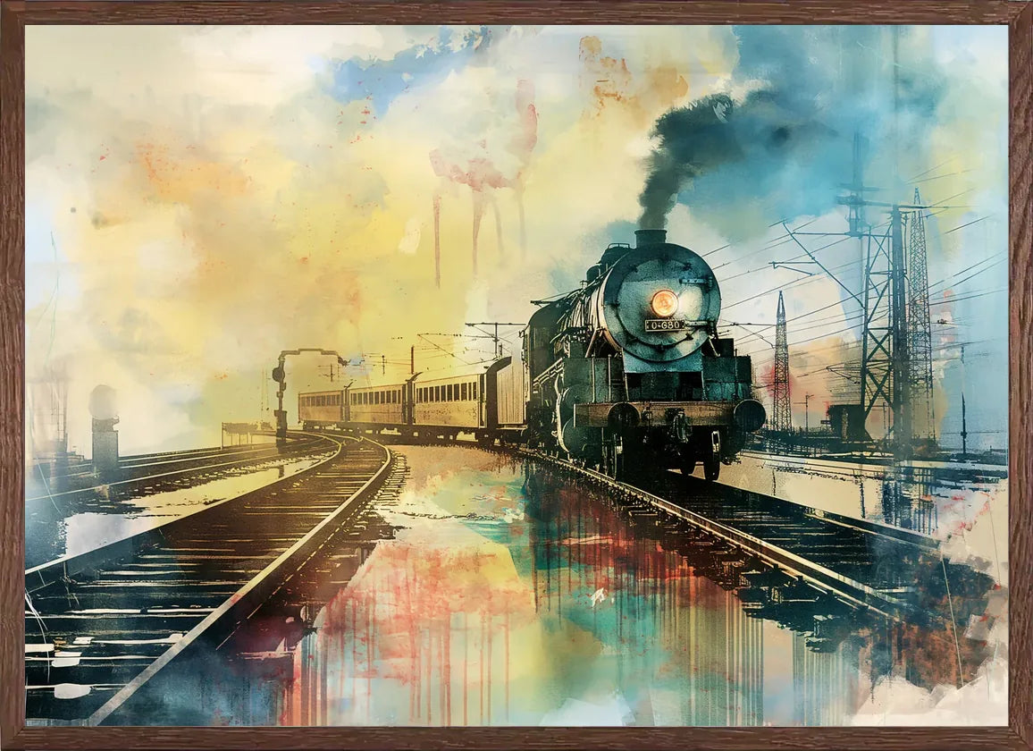 Cadre chene clair entourant l'affiche train vapeur locomotive
