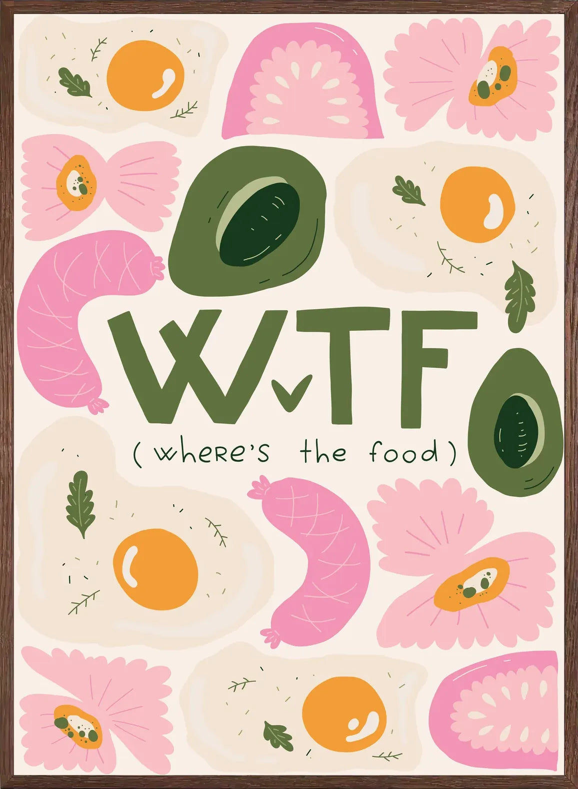 Cadre chene clair entourant l'affiche cuisine food WTF petit-dejeuner